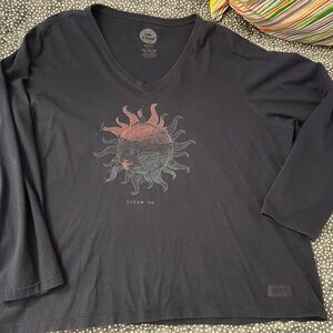 Life Is Good Navy V-Neck Long Sleeve Tee with Sun Graphic